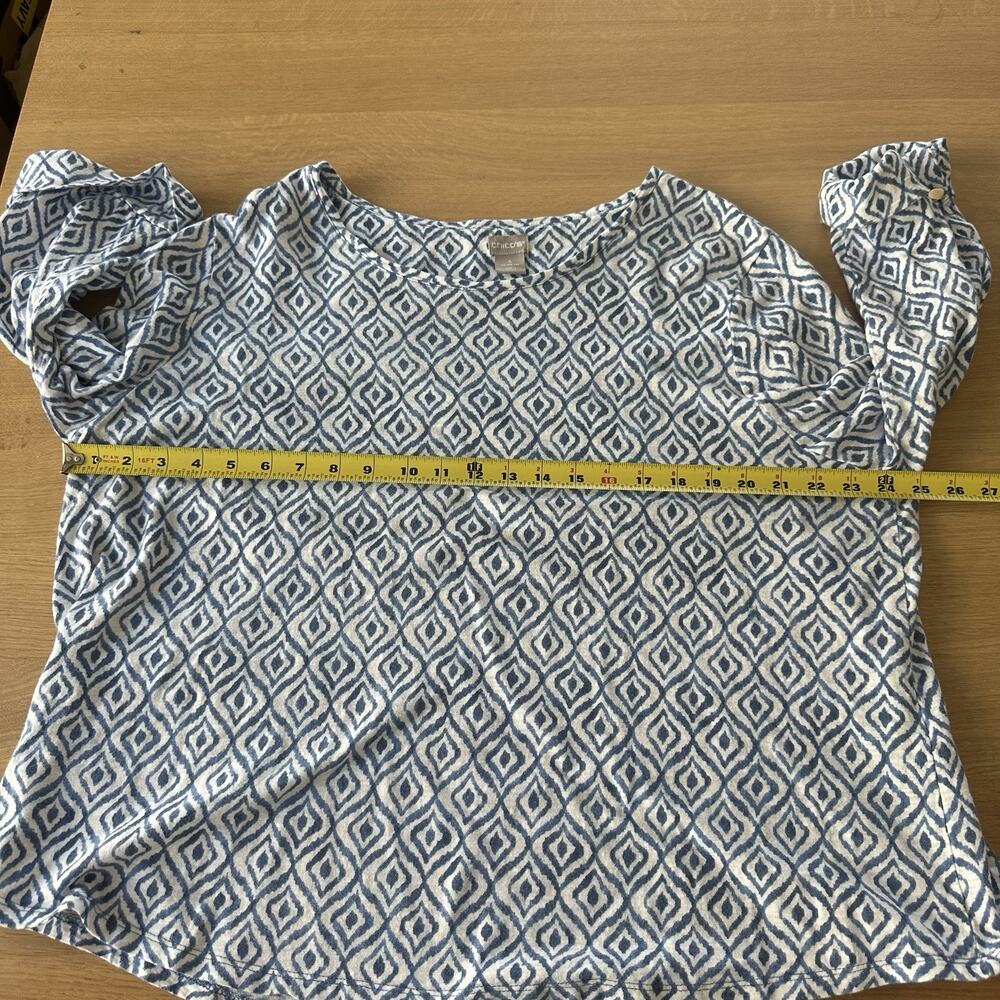 CHICOS Ikat Print Tee Womens XXL (4) Blue White 3/4 Sleeve Slub Knit Boho Top - Picture 9 of 10